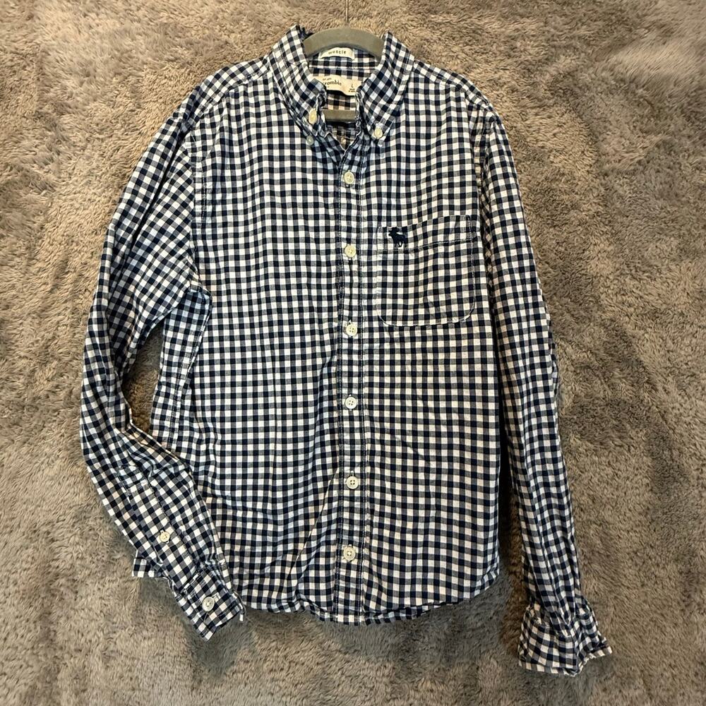 Abercrombie & Fitch Kids Blue White Gingham Button Down Shirt Boys L Muscle